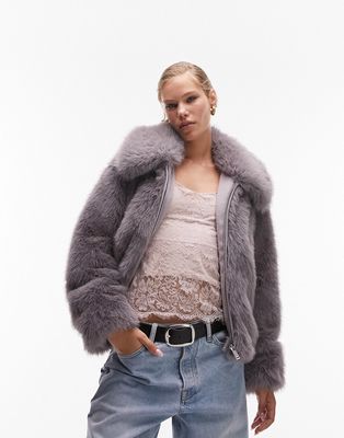 Topshop cropped faux fur coat in mauve-Pink