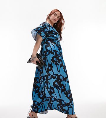 Topshop Curve floral satin midi occasion dress in blue
