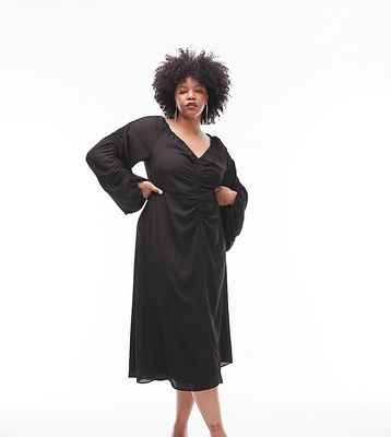 Topshop Curve gathered sleeve ruched midi dress in black
