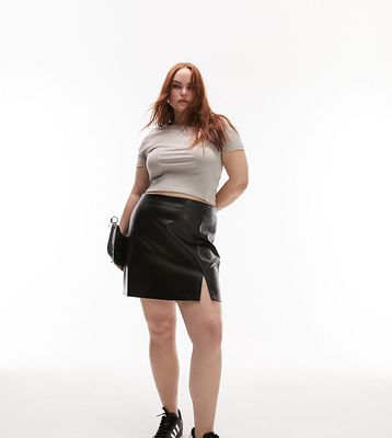Topshop Curve leather look split detail mini skirt in black