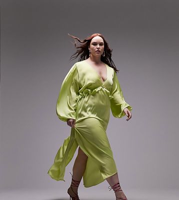 Topshop Curve long sleeve riveria occasion dress in lime-Green