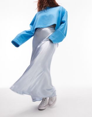 Topshop Curve satin bias maxi skirt in light blue