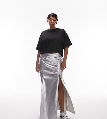 Topshop Curve vinyl double split midi skirt in silver