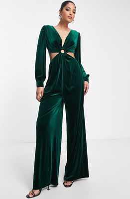 Topshop Cutout Long Sleeve Velvet Jumpsuit in Dark Green