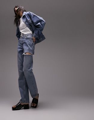 Topshop Dad jeans with side rip in bleach-Blue