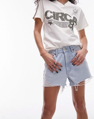 Topshop denim a-line Mom Shorts with rips in bleach-Blue