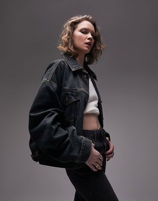 Topshop denim balloon jacket in dirty dark wash-Blue