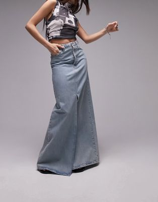 Topshop denim double split maxi skirt in bleach-Blue