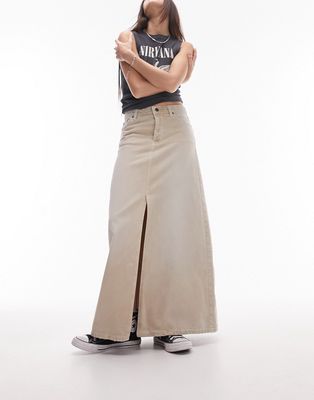 Topshop denim low slung maxi skirt in sand-Neutral