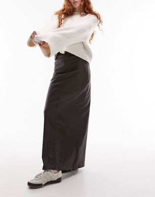 Topshop denim maxi skirt in coated brown