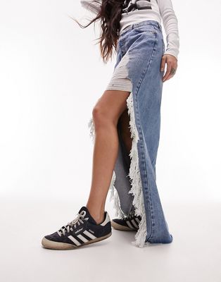 Topshop denim maxi skirt with extreme rip in mid blue