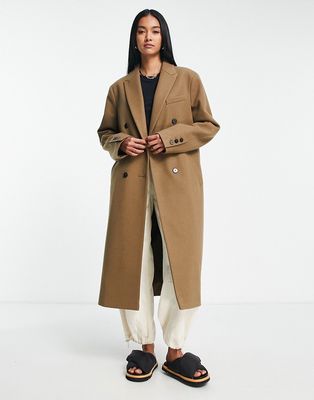 Topshop double breasted long coat in dark camel-Brown