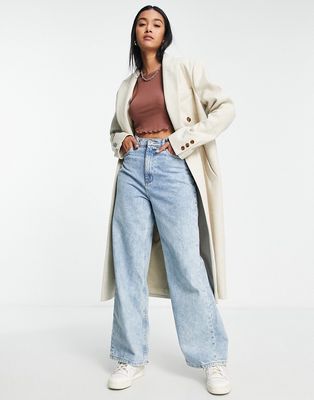 Topshop double breasted long coat in oat-Neutral