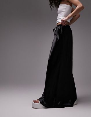 Topshop drawstring liquid look maxi bias skirt in black