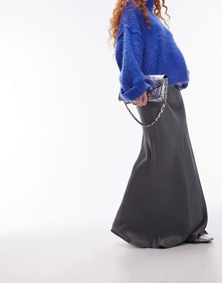 Topshop drawstring satin bias maxi skirt in charcoal-Gray