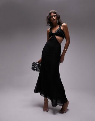 Topshop embellished sheer knot-front bralette midi dress in black