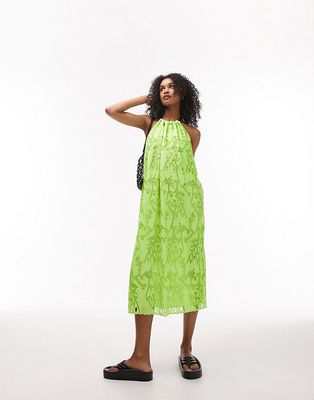 Topshop embroidered tie halter neck midi dress in lime-Green