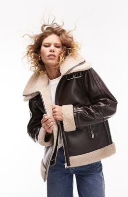 Topshop Faux Leather Aviator Jacket with Faux Fur Trim in Brown
