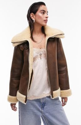 Topshop Faux Leather Aviator Jacket with Faux Fur Trim in Tan