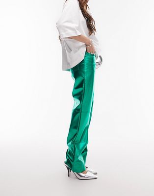 Topshop faux leather low rise tab waist straight leg metallic pants in green