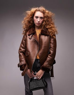Topshop faux leather shearling aviator biker jacket in chocolate-Brown