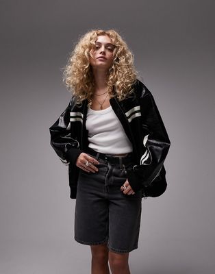 Topshop faux leather stripe bomber jacket in black