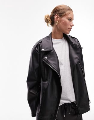 Topshop faux leather super oversized biker jacket in black