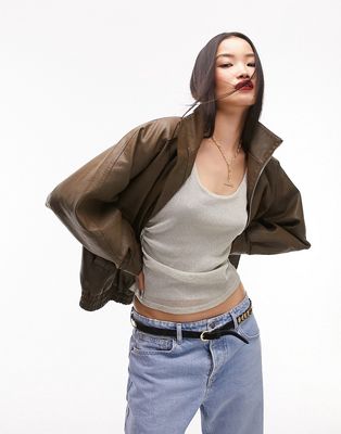 Topshop faux leather super wash 80s bomber jacket in brown