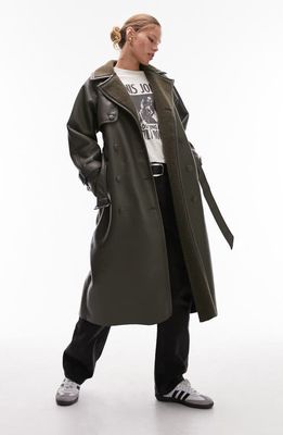 Topshop Faux Leather Trench Coat with Fleece Trim in Brown