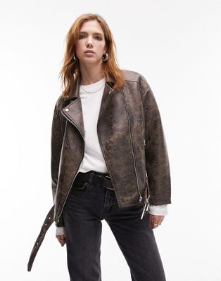 Topshop faux leather washed look oversized biker jacket in brown