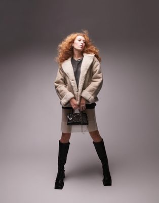 Topshop faux shearling car coat in taupe-Neutral