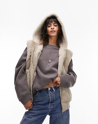 Topshop faux suede shearling oversized hooded vest with borg trims in taupe-Brown