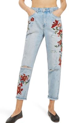Topshop Fire Flower High Rise Ripped Mom Jeans in Light Denim Multi