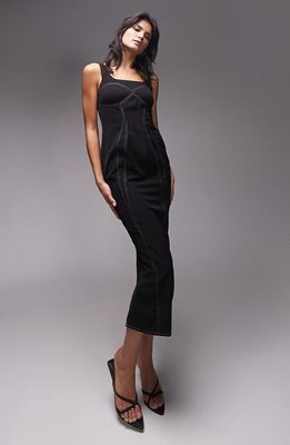 Topshop Fishtail Topstitch Midi Dress in Black