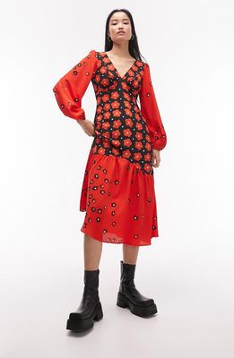 Topshop Floral Colorblock Long Sleeve Midi Dress in Multi