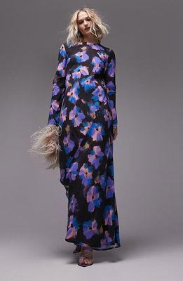 Topshop Floral Cutout Back Long Sleeve Maxi Dress in Multi