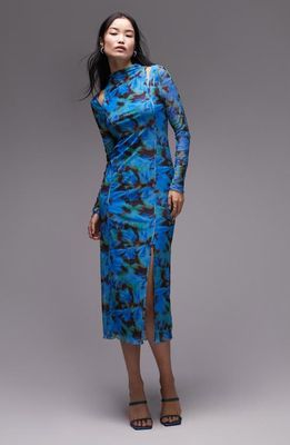 Topshop Floral Cutout Long Sleeve Mesh Dress in Medium Blue