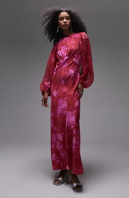 Topshop Floral Jacquard Dot Long Sleeve Dress in Pink