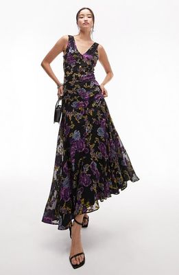 Topshop Floral Lace & Devoré Midi Dress in Black Multi
