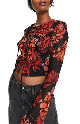 Topshop Floral Lace-Up Chiffon Blouse in Red