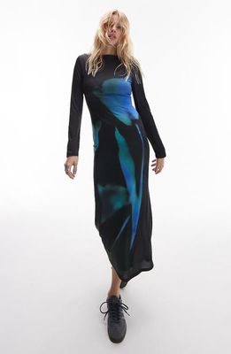 Topshop Floral Long Sleeve Midi Dress in Black/Blue Multi