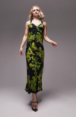 Topshop Floral Print Crossback Maxi Dress in Green Multi