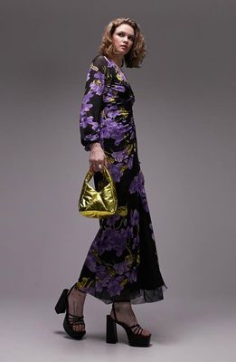 Topshop Floral Print Ruched Long Sleeve Mesh Maxi Dress in Purple Multi