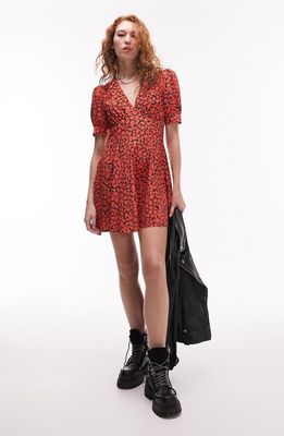 Topshop Floral Puff Sleeve Dress in Red