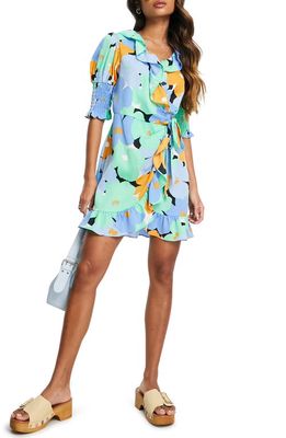 Topshop Floral Wrap Minidress in Mid Blue