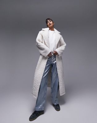Topshop fluffy long-line borg coat in off-white-Gray