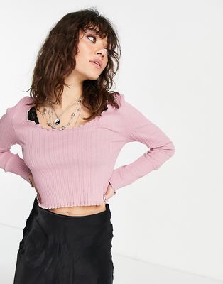 Topshop frill edge ribbed pointelle top in pink-Blue