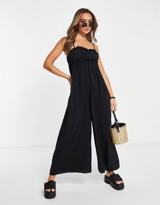 Topshop frill gathered jumpsuit in black