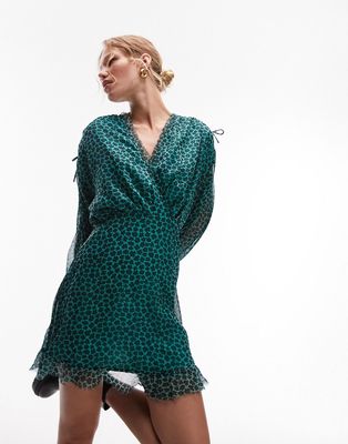 Topshop frill neck mini tea dress with raw seams in green and black floral-Multi