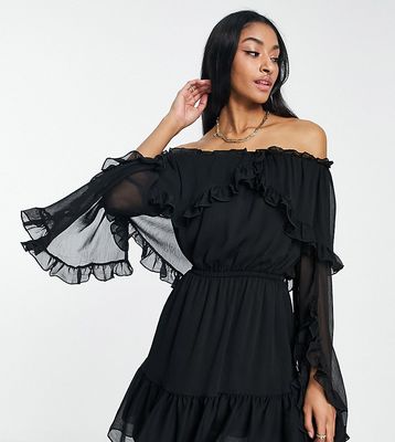 Topshop frill ruffle bardot mini dress in black